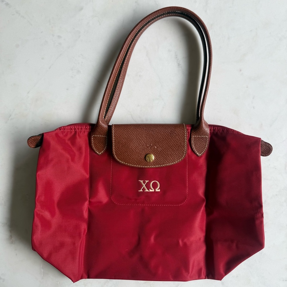 New Authentic Longchamp Le Pliage Red Tote Bag with Custom Chi Omega Embroidery